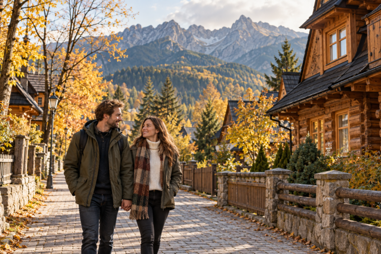 Zakopane dla par - ilustracja pary podczas spaceru w otoczeniu drewnianej zabudowy